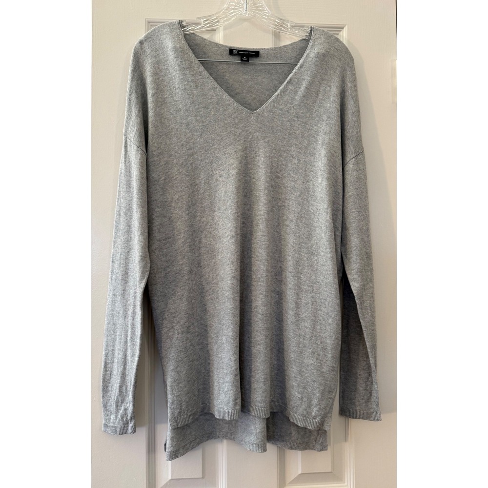 INC International Concepts Gray V-Neck High-Low Tunic Sweater Womens M